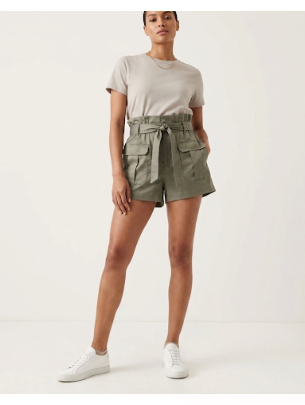 ZARA Sage Green High Waisted Satin Belted Paperbag Cargo Utility Shorts Size M